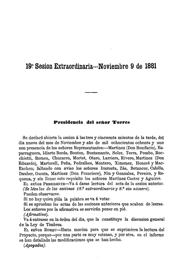 DIARIO DE SESIONES DE LA CAMARA DE REPRESENTANTES del 09/11/1881